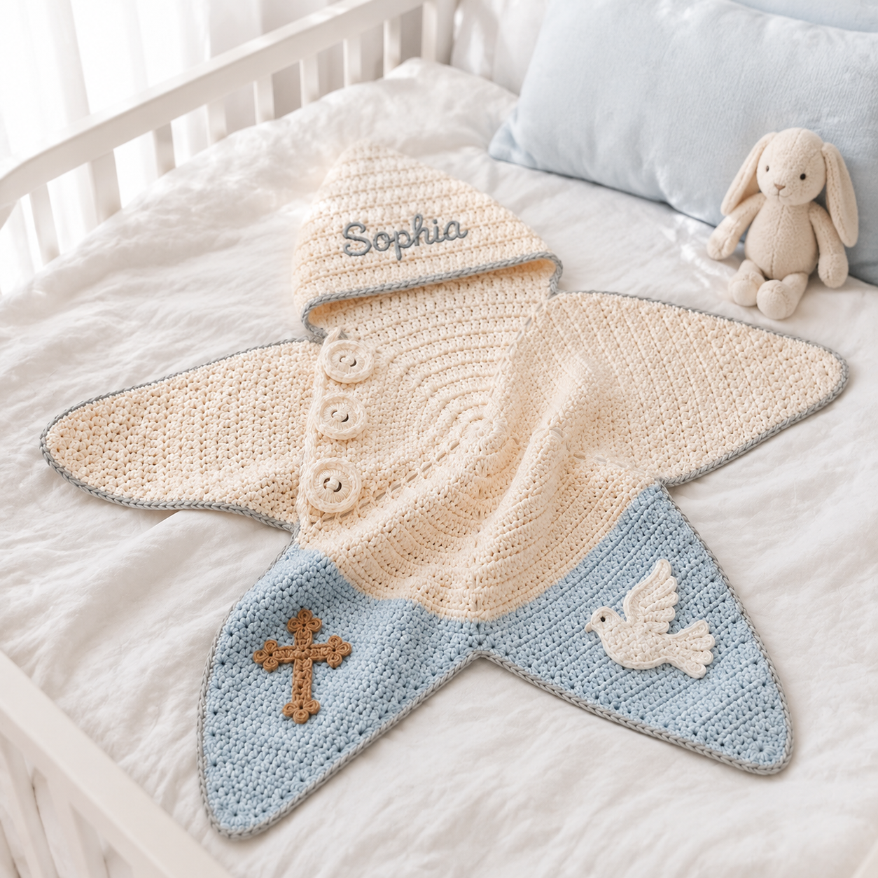 Personalized Christian Crochet Star Baby Cocoon, Cross & Dove Hooded Newborn Swaddle, Baptism Baby Gift