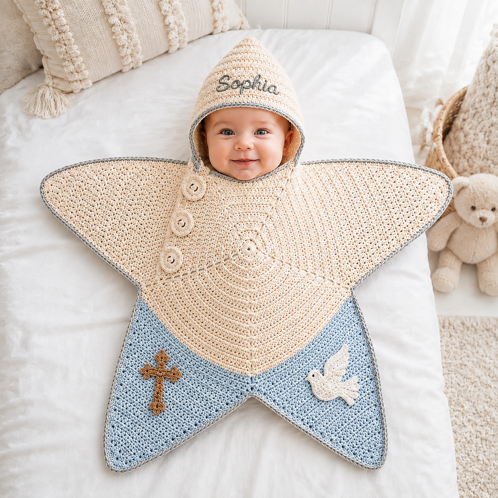 Personalized Christian Crochet Star Baby Cocoon, Cross & Dove Hooded Newborn Swaddle, Baptism Baby Gift