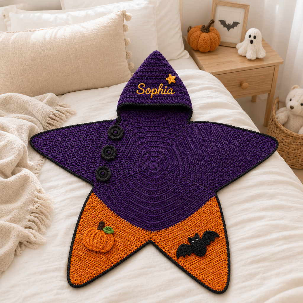 Personalized Halloween Witch Crochet Star Baby Cocoon – Handmade Purple Pumpkin Bat Hooded Swaddle Blanket for Newborns