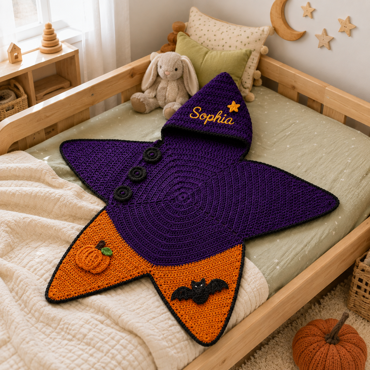 Personalized Halloween Witch Crochet Star Baby Cocoon – Handmade Purple Pumpkin Bat Hooded Swaddle Blanket for Newborns