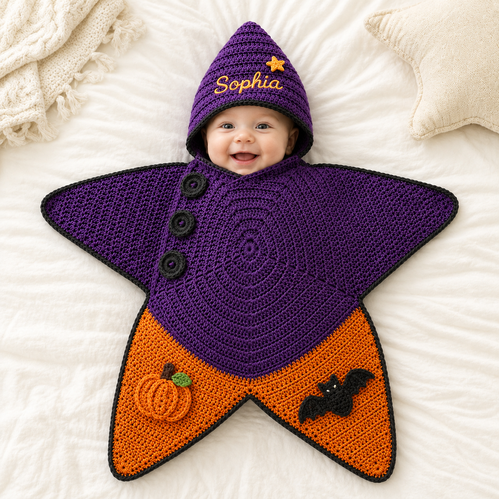 Personalized Halloween Witch Crochet Star Baby Cocoon – Handmade Purple Pumpkin Bat Hooded Swaddle Blanket for Newborns