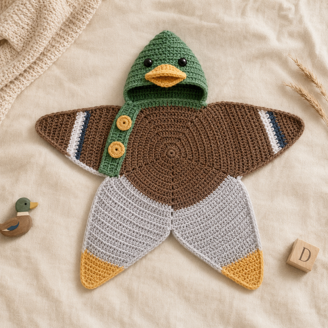 Personalized Crochet Mallard Duck Baby Cocoon with Hood, Handmade Newborn Swaddle, Baby Shower Gift