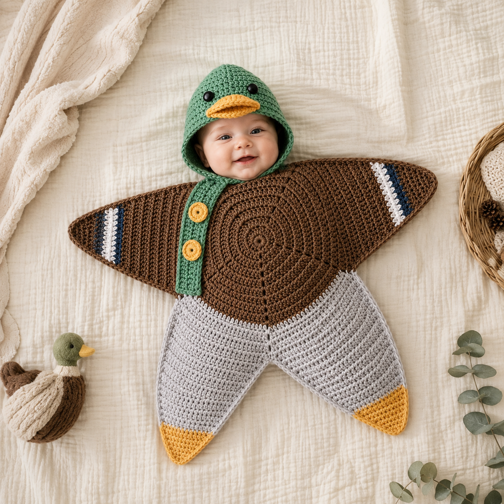 Personalized Crochet Mallard Duck Baby Cocoon with Hood, Handmade Newborn Swaddle, Baby Shower Gift