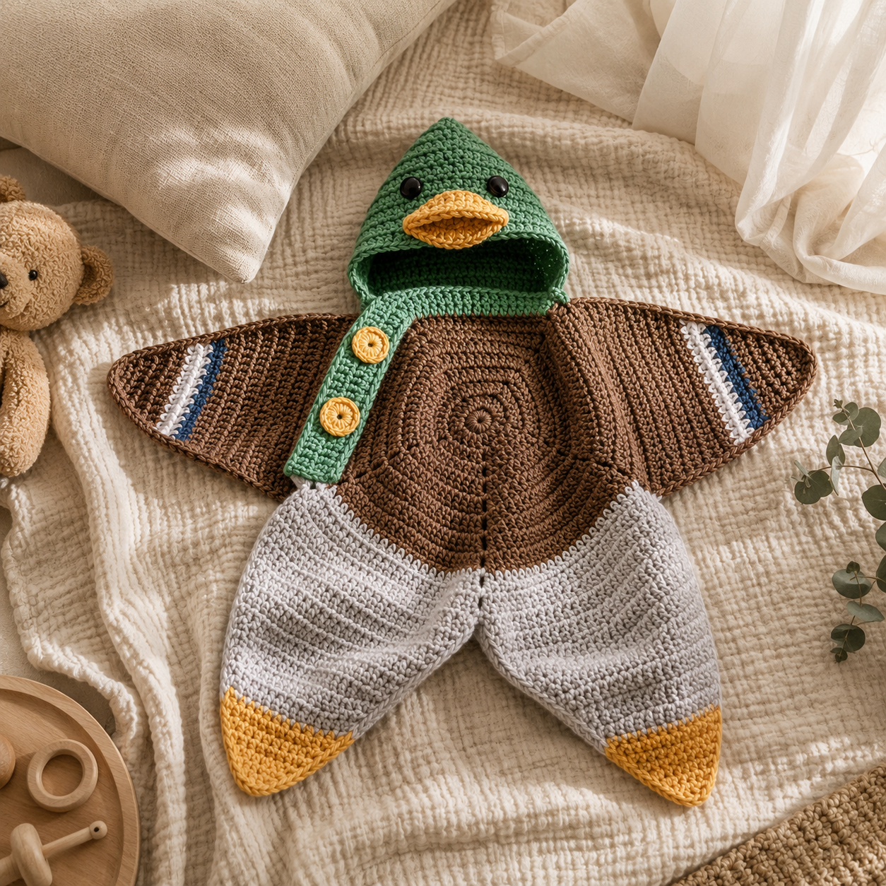 Personalized Crochet Mallard Duck Baby Cocoon with Hood, Handmade Newborn Swaddle, Baby Shower Gift