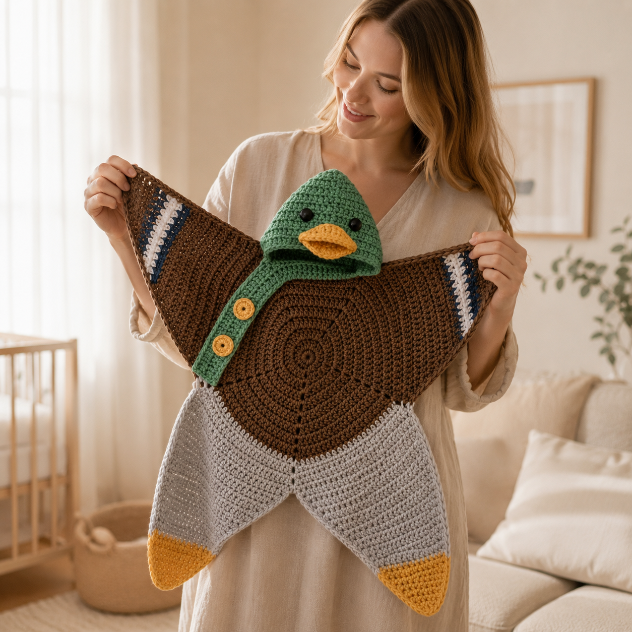 Personalized Crochet Mallard Duck Baby Cocoon with Hood, Handmade Newborn Swaddle, Baby Shower Gift