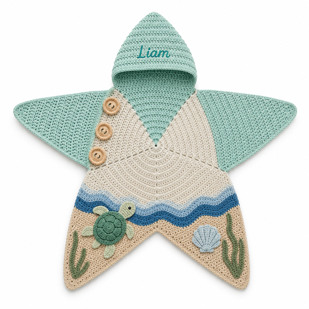 Personalized Crochet Star Baby Cocoon with Hood, Handmade Ocean Turtle Baby Swaddle, Custom Name Newborn Blanket, Baby Shower Gift