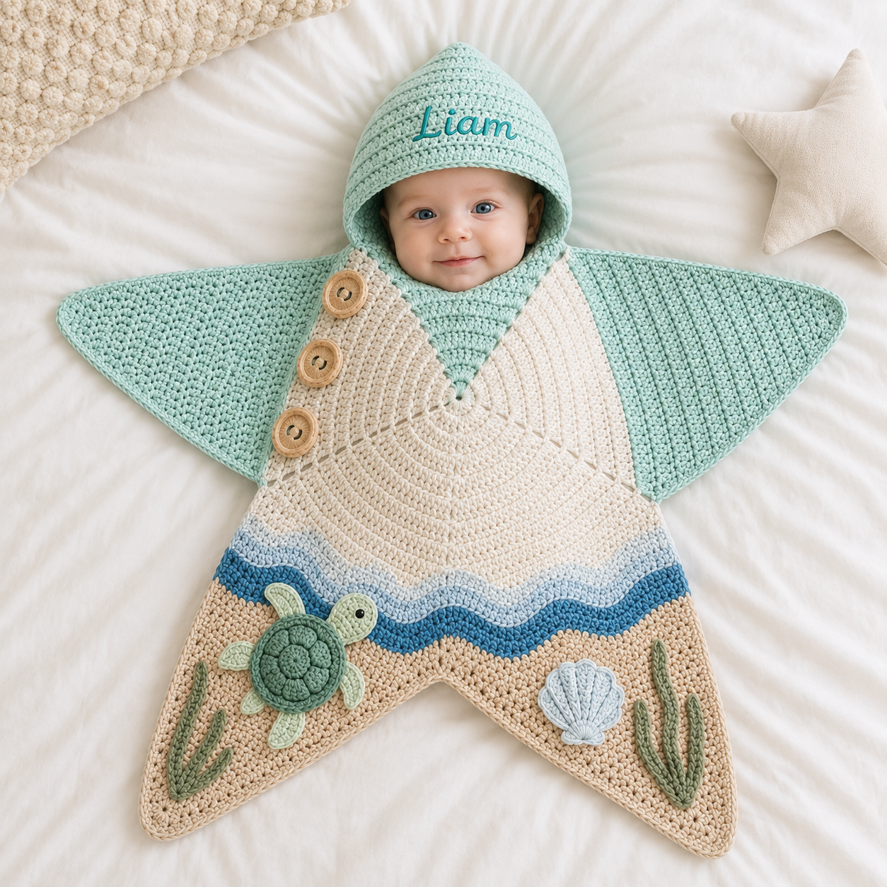 Personalized Crochet Star Baby Cocoon with Hood, Handmade Ocean Turtle Baby Swaddle, Custom Name Newborn Blanket, Baby Shower Gift