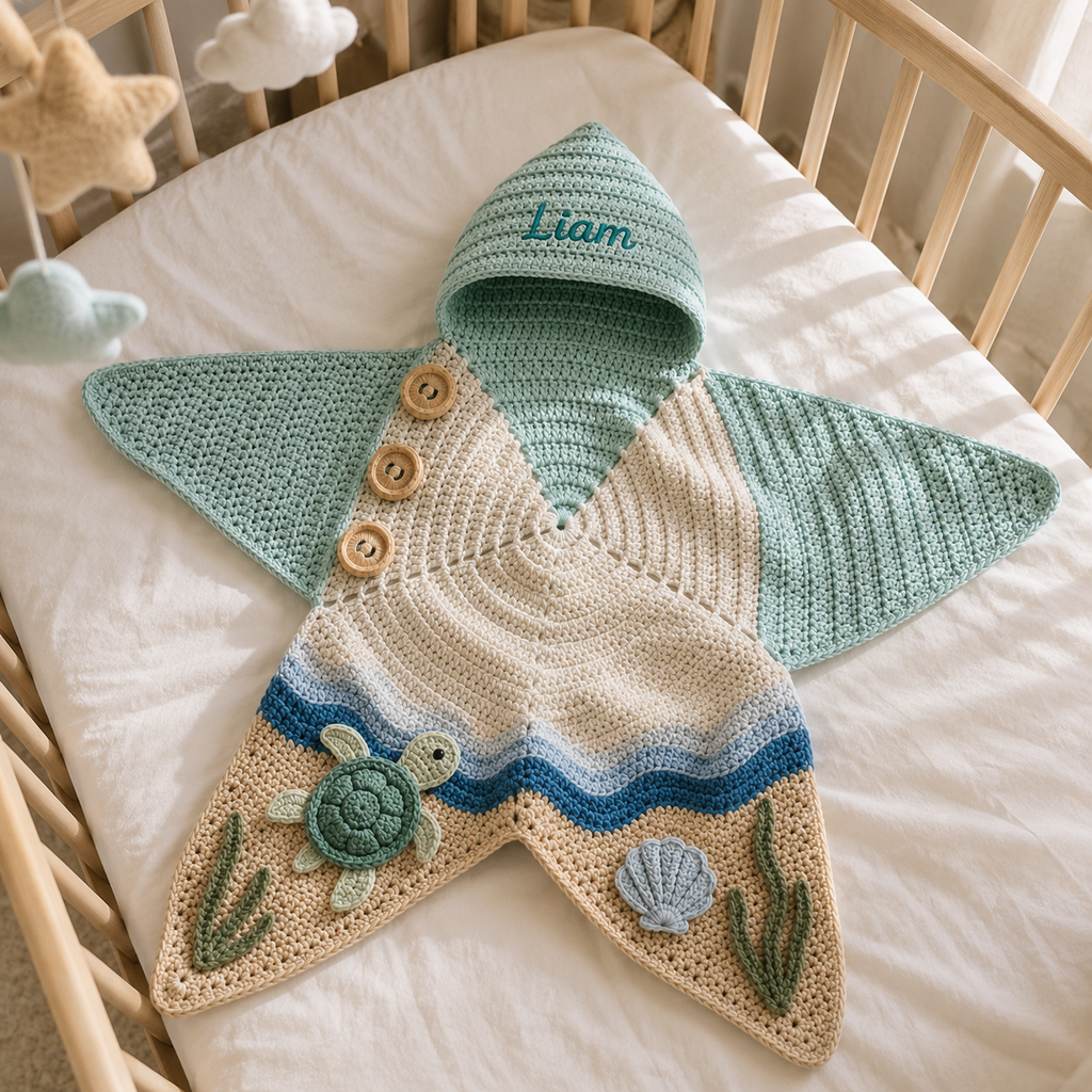 Personalized Crochet Star Baby Cocoon with Hood, Handmade Ocean Turtle Baby Swaddle, Custom Name Newborn Blanket, Baby Shower Gift