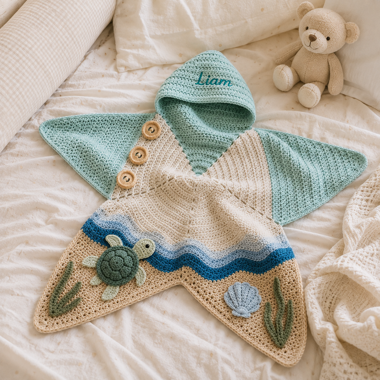 Personalized Crochet Star Baby Cocoon with Hood, Handmade Ocean Turtle Baby Swaddle, Custom Name Newborn Blanket, Baby Shower Gift