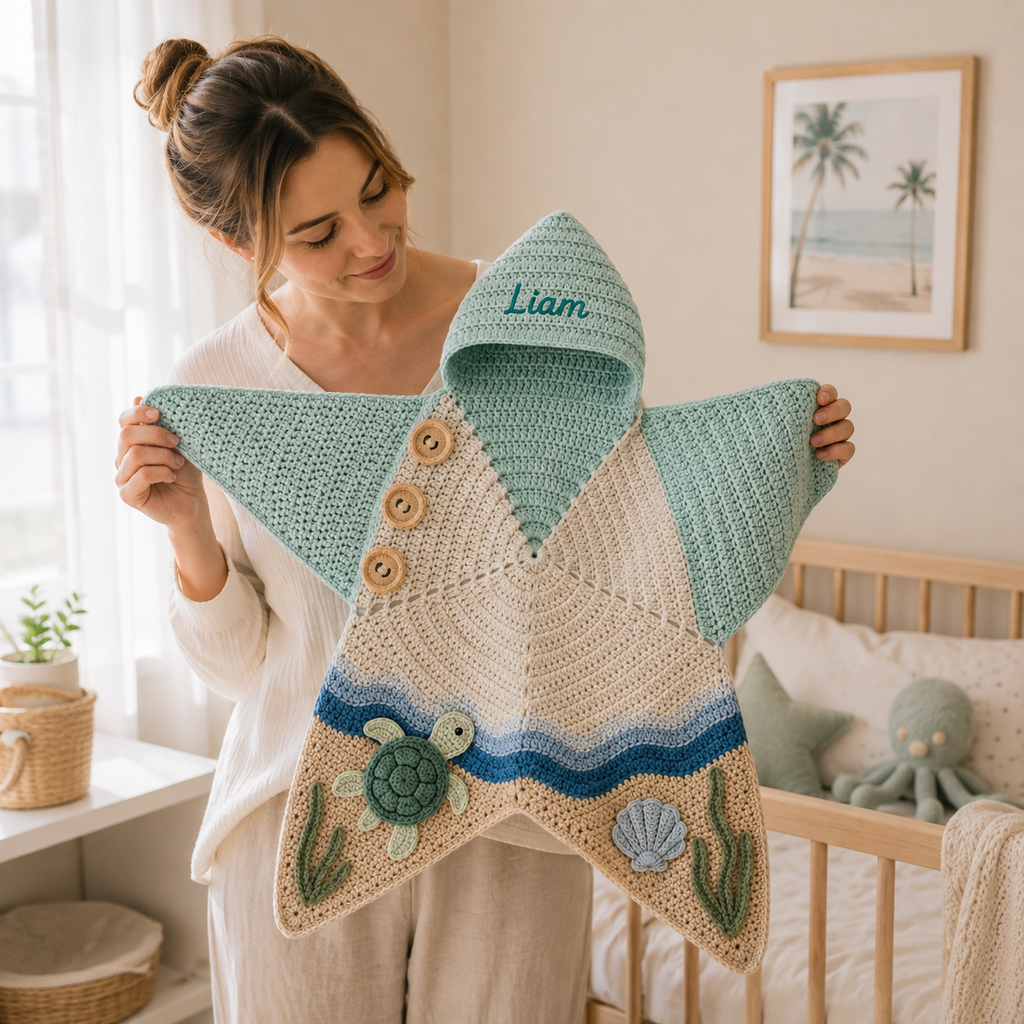 Personalized Crochet Star Baby Cocoon with Hood, Handmade Ocean Turtle Baby Swaddle, Custom Name Newborn Blanket, Baby Shower Gift