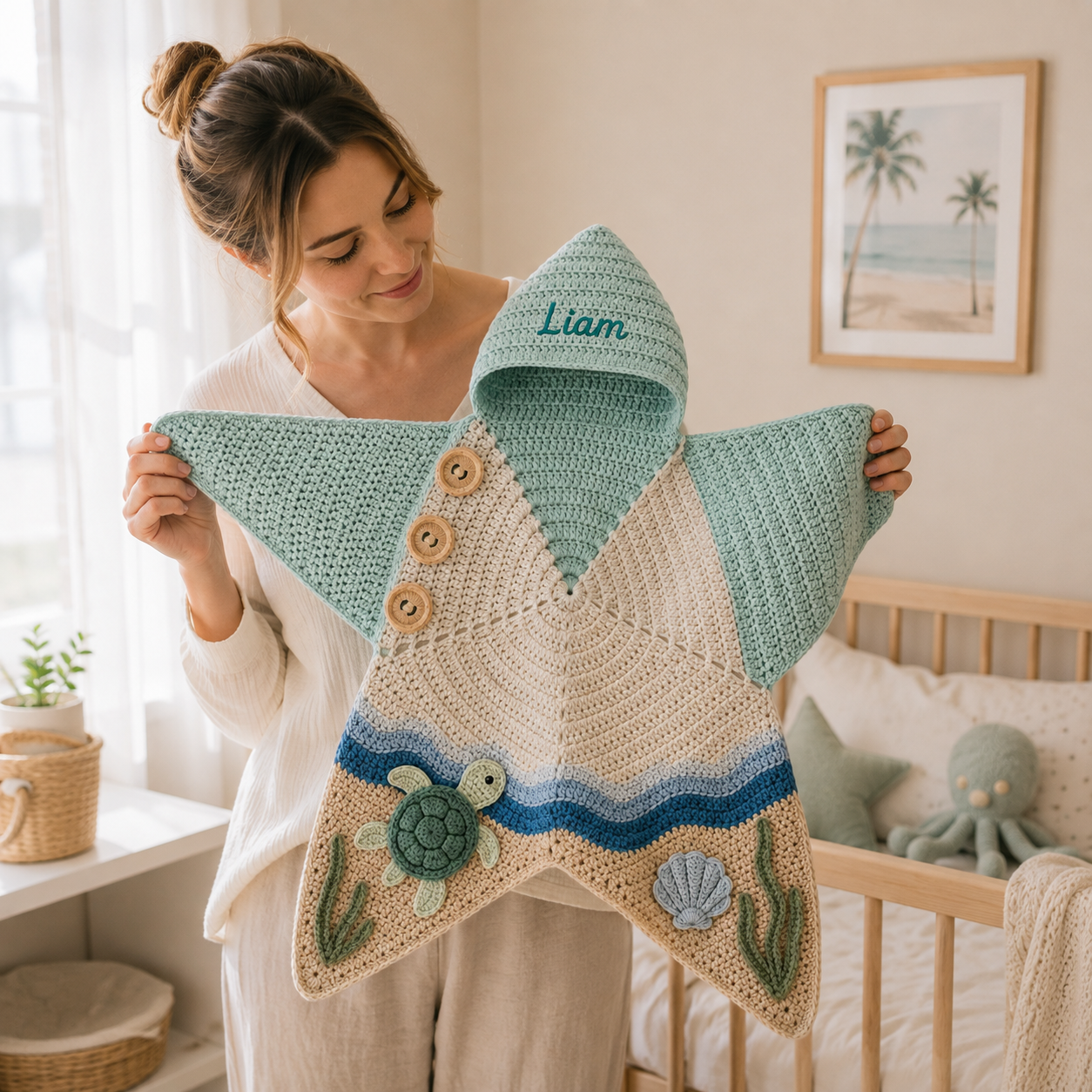 Personalized Crochet Star Baby Cocoon with Hood, Handmade Ocean Turtle Baby Swaddle, Custom Name Newborn Blanket, Baby Shower Gift