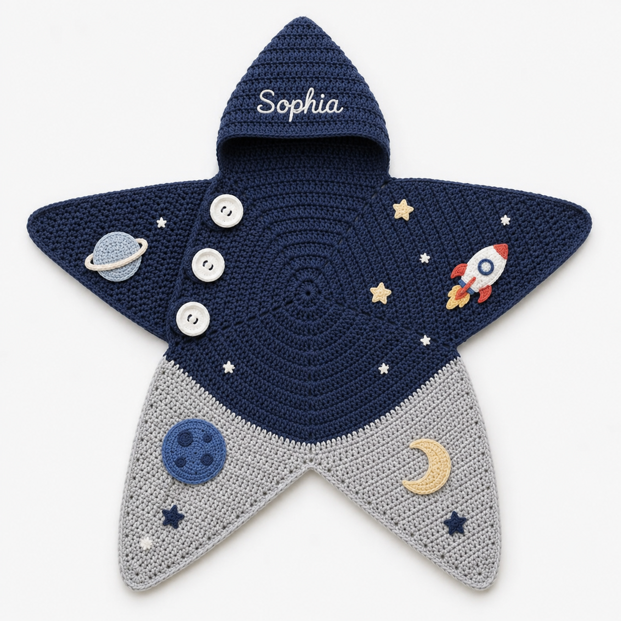 Personalized Space Crochet Star Baby Cocoon with Hood, Handmade Newborn Swaddle Wrap, Custom Name Baby Shower Gift