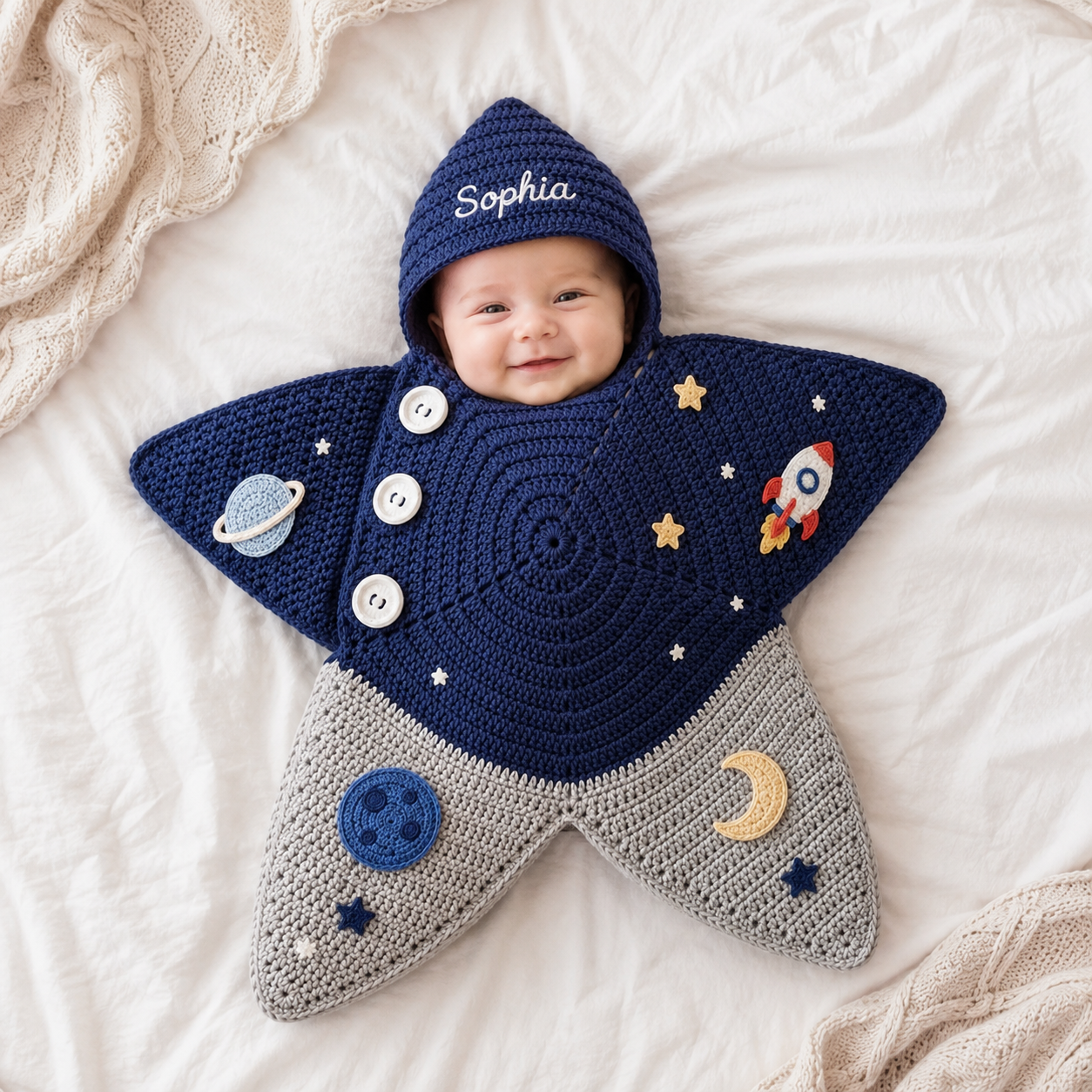 Personalized Space Crochet Star Baby Cocoon with Hood, Handmade Newborn Swaddle Wrap, Custom Name Baby Shower Gift
