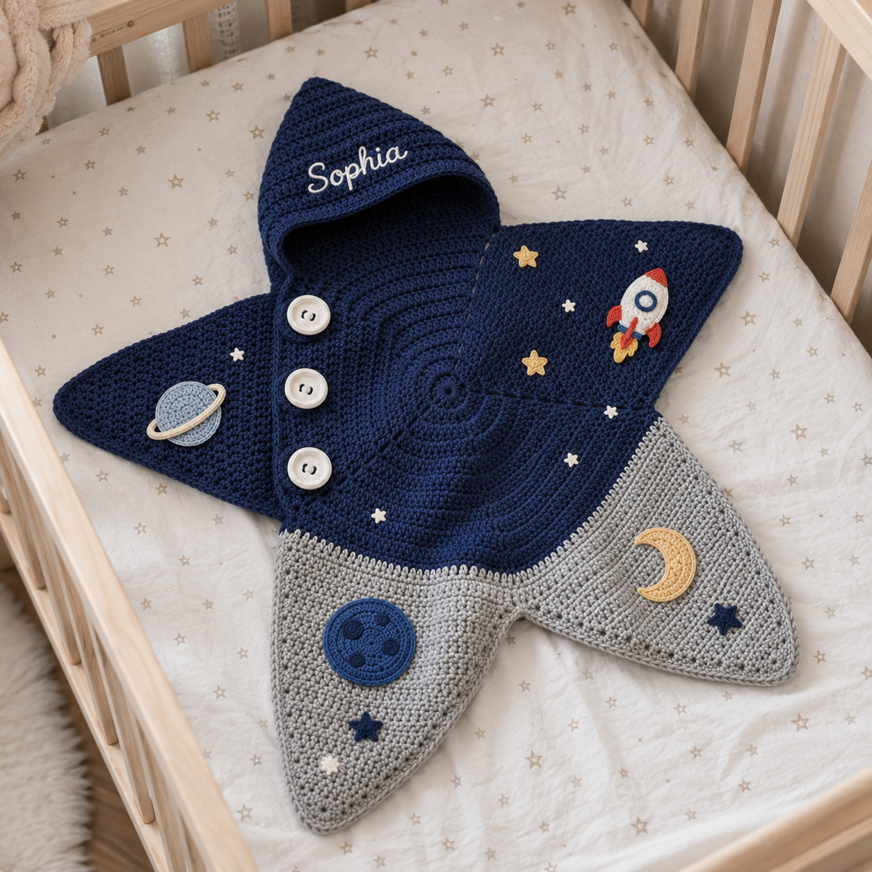 Personalized Space Crochet Star Baby Cocoon with Hood, Handmade Newborn Swaddle Wrap, Custom Name Baby Shower Gift
