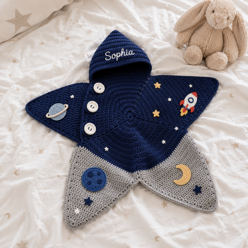 Personalized Space Crochet Star Baby Cocoon with Hood, Handmade Newborn Swaddle Wrap, Custom Name Baby Shower Gift