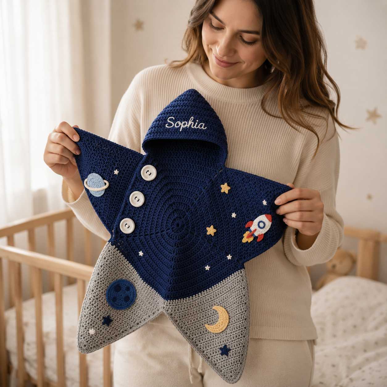 Personalized Space Crochet Star Baby Cocoon with Hood, Handmade Newborn Swaddle Wrap, Custom Name Baby Shower Gift