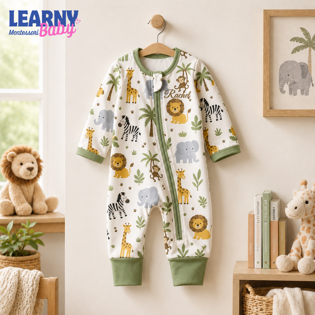 Safari Animals Baby Convertible Zippy Pajamas, Jungle Baby Sleeper, Newborn Pajamas, Toddler Sleepwear