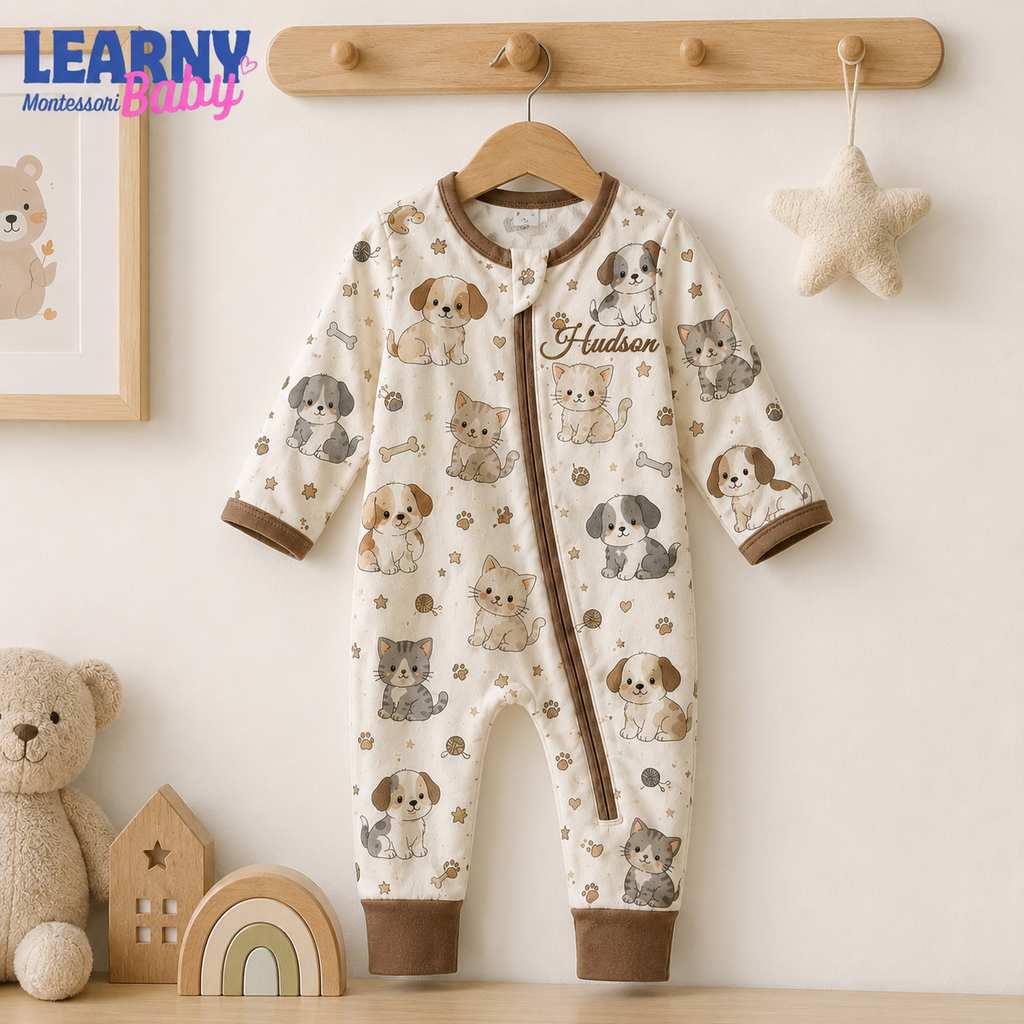 Puppy and Kitten Baby Convertible Zippy Pajamas, Pet Baby Sleeper, Newborn Pajamas, Toddler Sleepwear