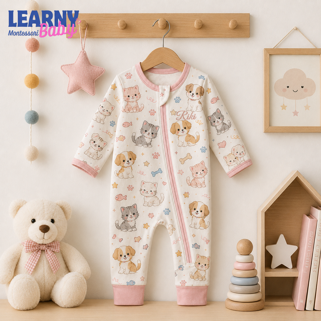 Pink Puppy and Kitten Short Sleeve Convertible Zippy Romper, Baby Shorty Pajamas, Summer Baby Romper, Newborn Sleepwear