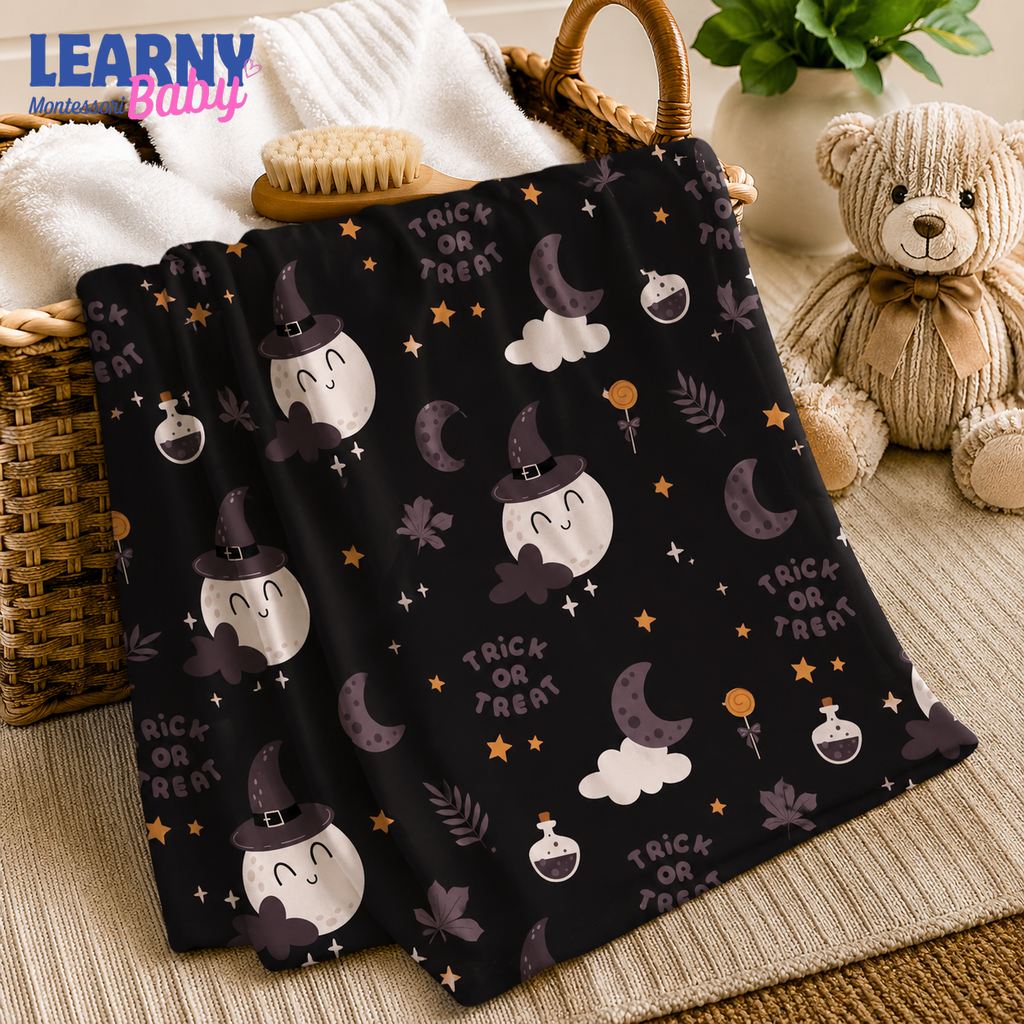 Cute Witch Halloween Bamboo Baby Blanket, Moon Potion and Stars Nursery Throw, Soft Spooky Baby Shower Gift