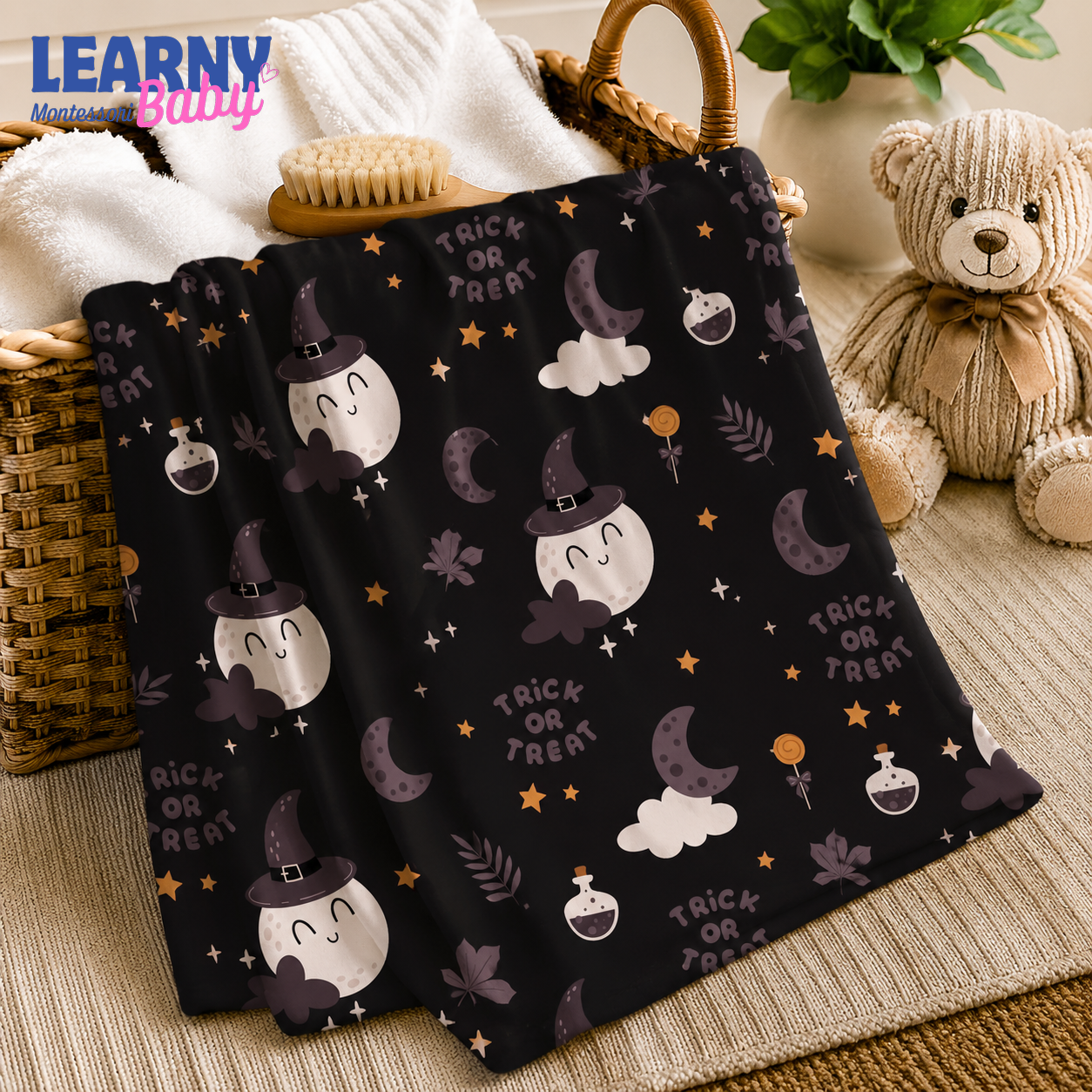 Cute Witch Halloween Bamboo Baby Blanket, Moon Potion and Stars Nursery Throw, Soft Spooky Baby Shower Gift