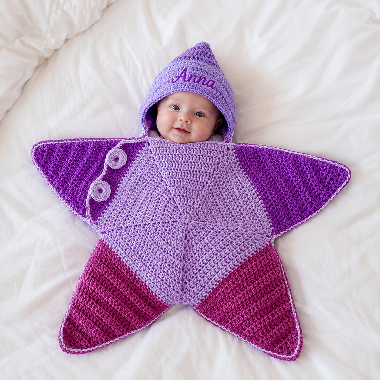 Personalized Crochet Star Baby Cocoon, Hooded Baby Swaddle Blanket, Custom Newborn Wrap, Unique Baby Gift