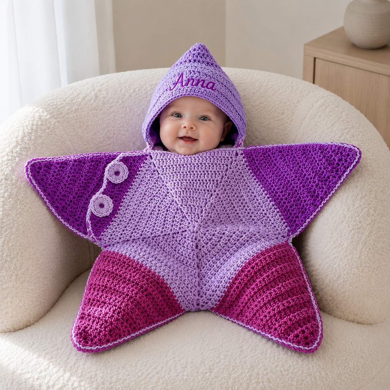 Personalized Crochet Star Baby Cocoon, Hooded Baby Swaddle Blanket, Custom Newborn Wrap, Unique Baby Gift