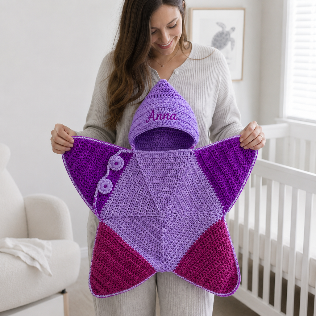 Personalized Crochet Star Baby Cocoon, Hooded Baby Swaddle Blanket, Custom Newborn Wrap, Unique Baby Gift