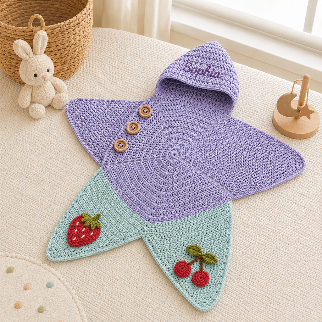 Personalized Crochet Star Baby Cocoon, Custom Name Newborn Swaddle, Strawberry Cherry Baby Shower Gift