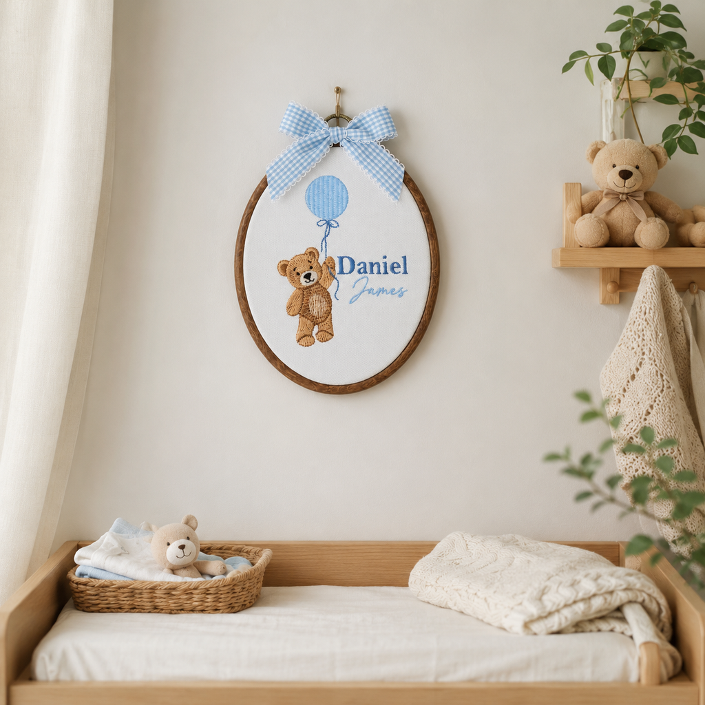 Custom Embroidered Teddy Bear Name Sign, Gender Neutral Baby Announcement, Nursery Decor