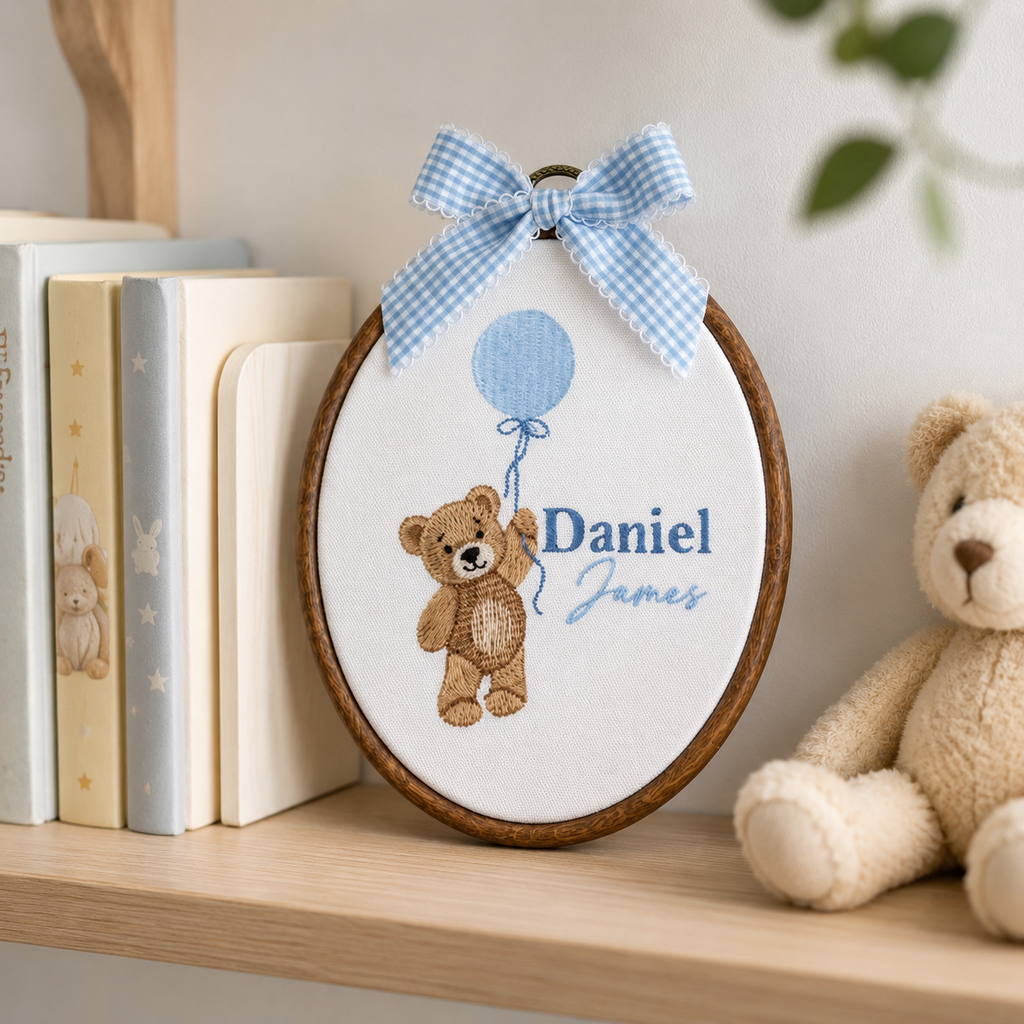 Custom Embroidered Teddy Bear Name Sign, Gender Neutral Baby Announcement, Nursery Decor