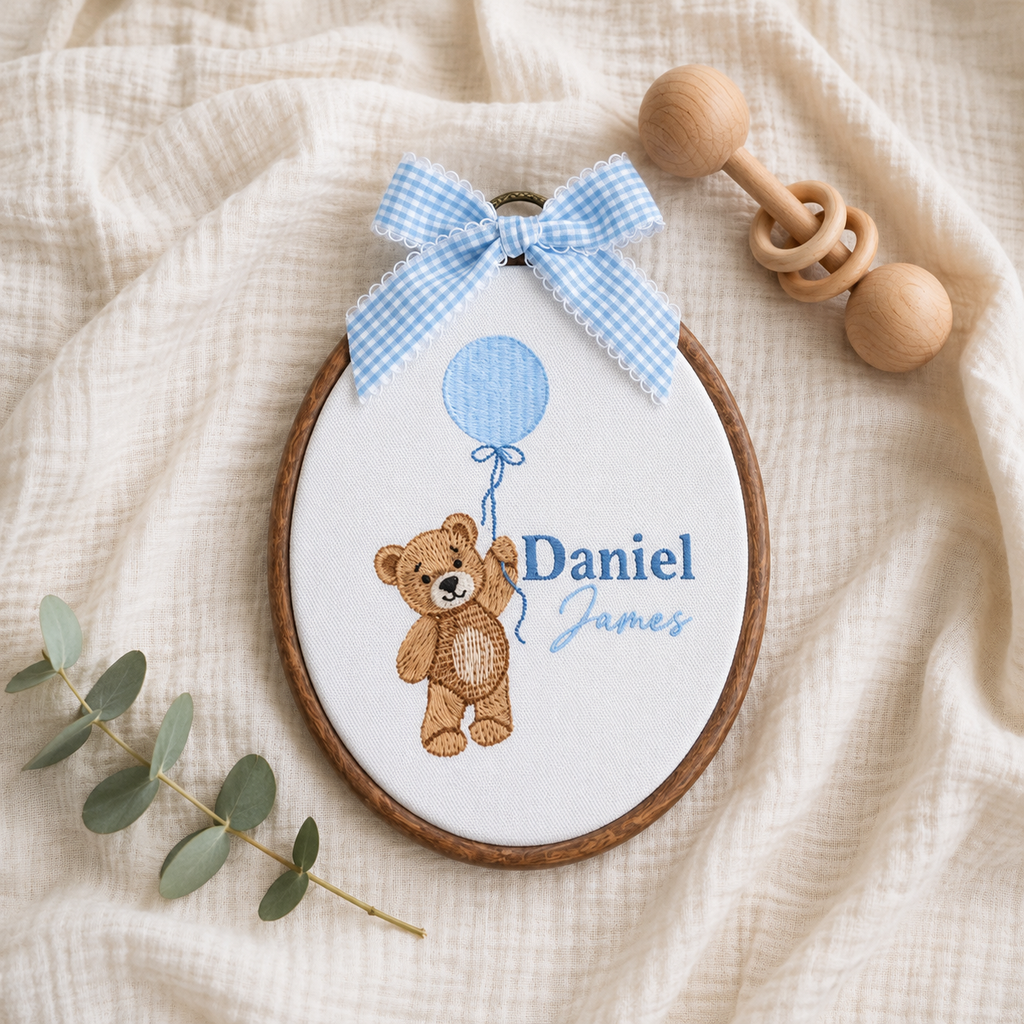 Custom Embroidered Teddy Bear Name Sign, Gender Neutral Baby Announcement, Nursery Decor