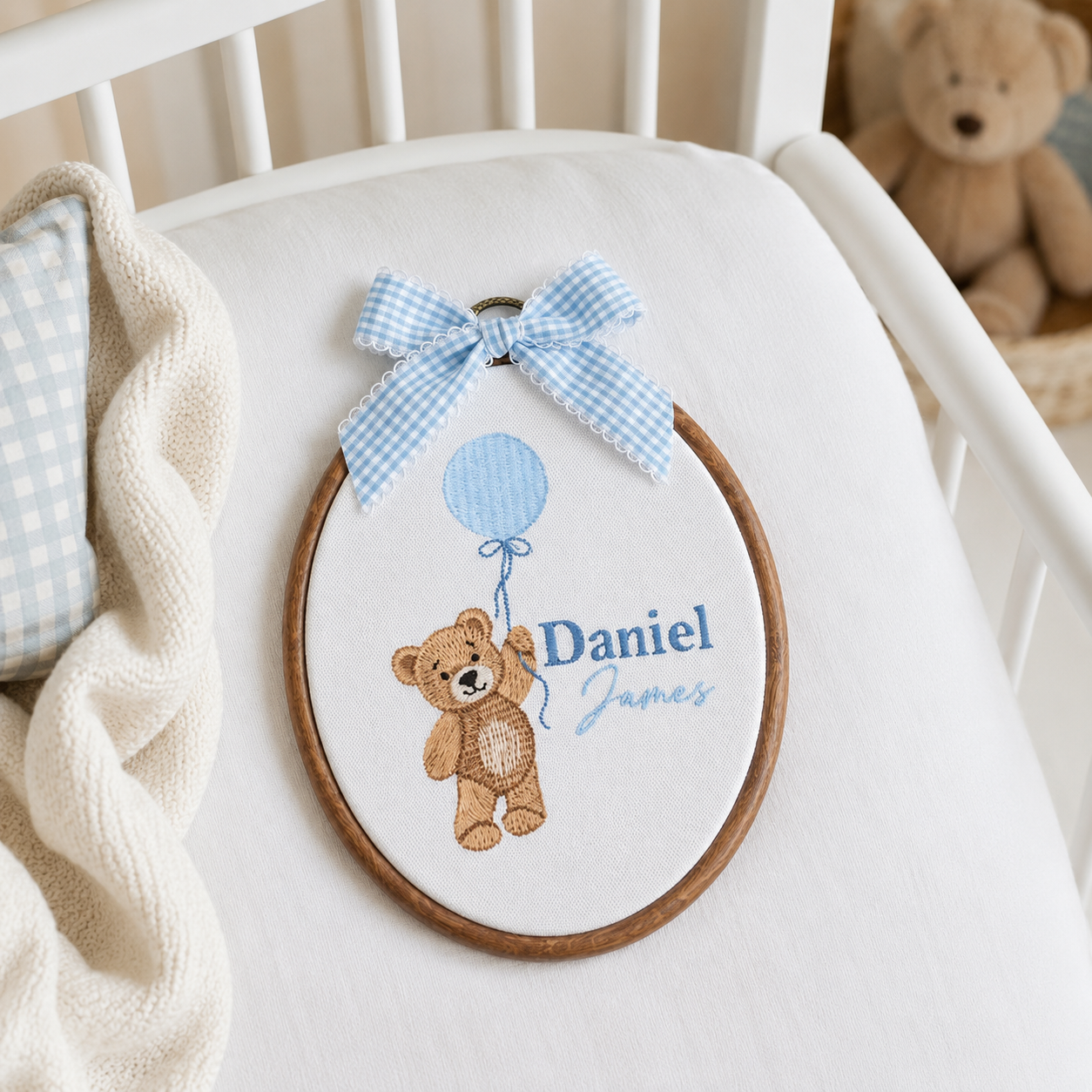 Custom Embroidered Teddy Bear Name Sign, Gender Neutral Baby Announcement, Nursery Decor