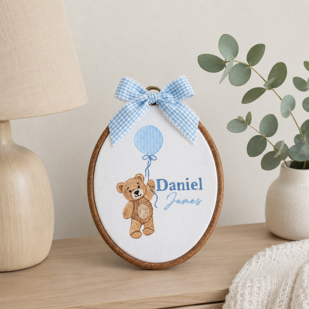 Custom Embroidered Teddy Bear Name Sign, Gender Neutral Baby Announcement, Nursery Decor
