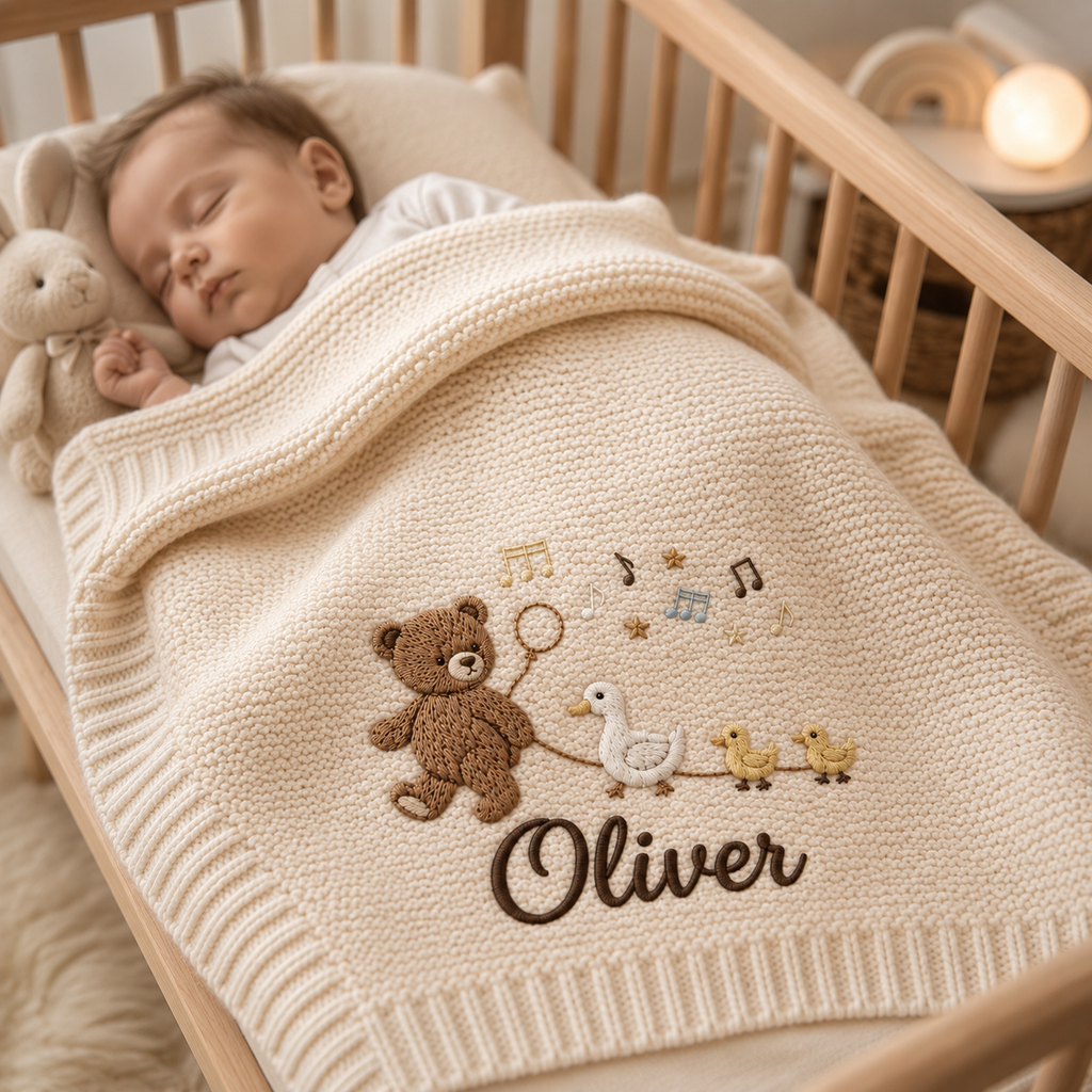 Personalized Teddy Bear Baby Blanket, Embroidered Name Blanket, Duck Baby Gift, Custom Newborn Gift, Baby Shower Gift