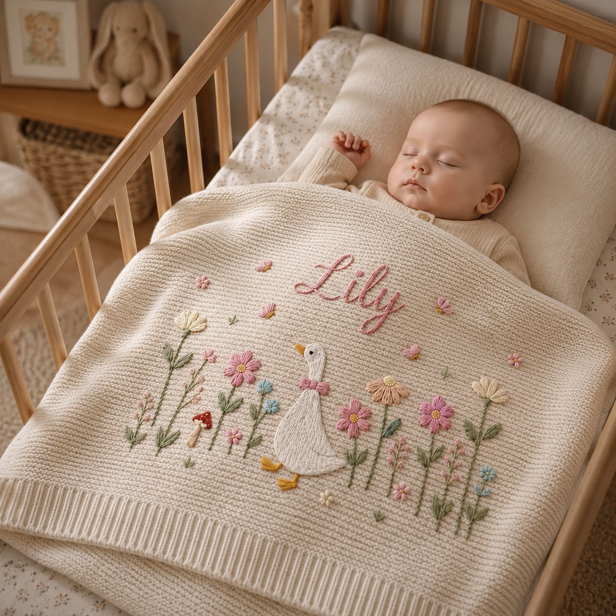 Personalized Embroidered Goose Baby Blanket with Name, Custom Floral Knit Newborn Gift for Newborn, Gift for Baby, Baby Keepsake Gift