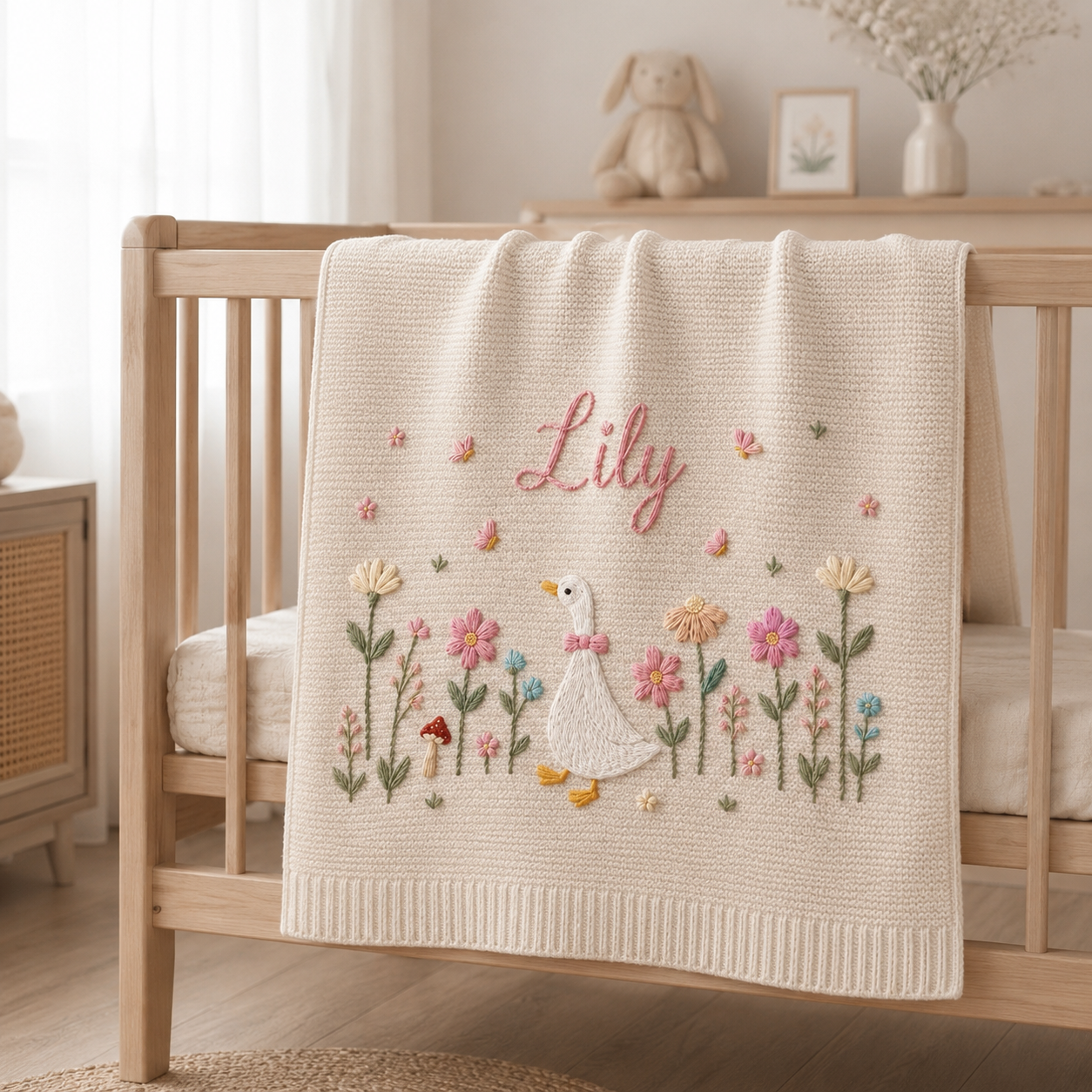 Personalized Embroidered Goose Baby Blanket with Name, Custom Floral Knit Newborn Gift for Newborn, Gift for Baby, Baby Keepsake Gift