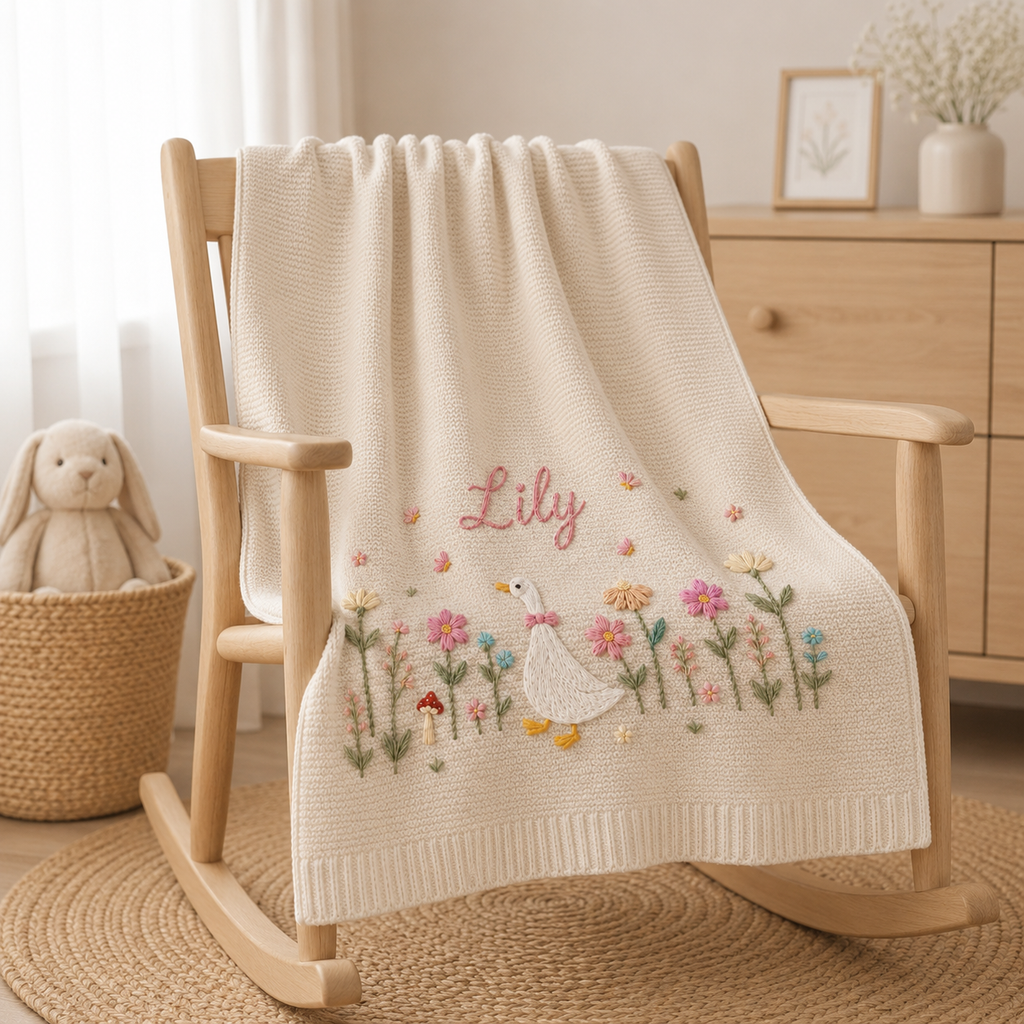 Personalized Embroidered Goose Baby Blanket with Name, Custom Floral Knit Newborn Gift for Newborn, Gift for Baby, Baby Keepsake Gift