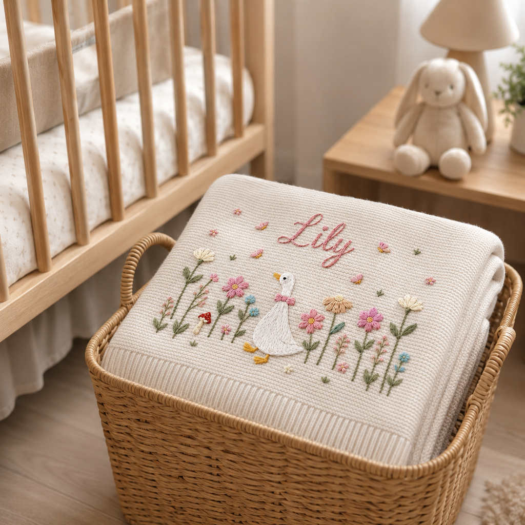 Personalized Embroidered Goose Baby Blanket with Name, Custom Floral Knit Newborn Gift for Newborn, Gift for Baby, Baby Keepsake Gift