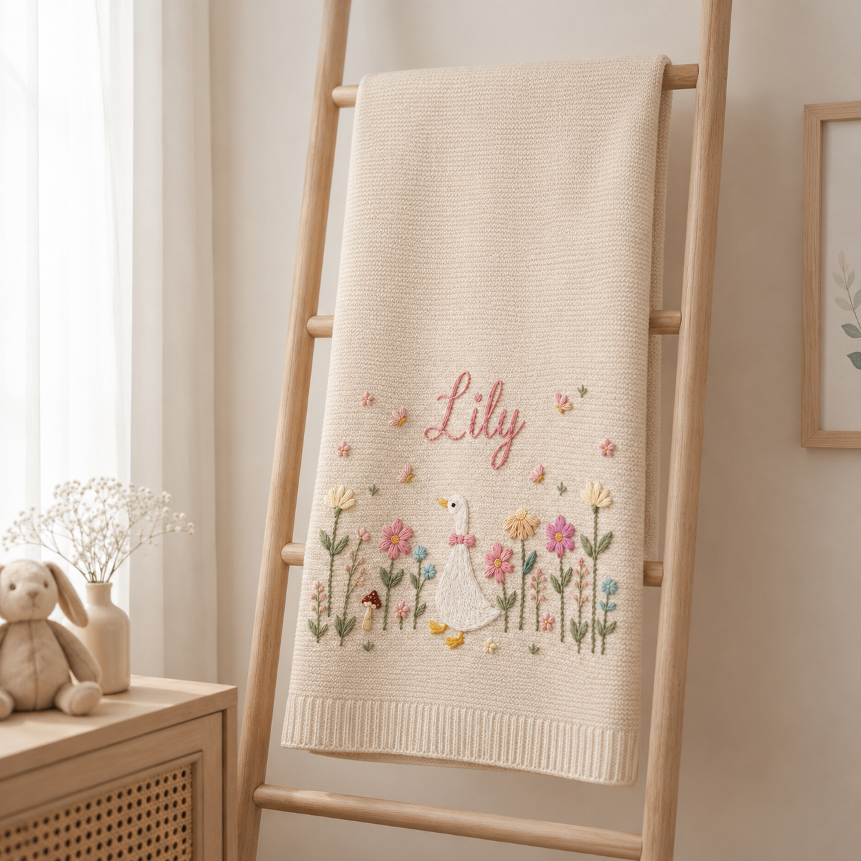 Personalized Embroidered Goose Baby Blanket with Name, Custom Floral Knit Newborn Gift for Newborn, Gift for Baby, Baby Keepsake Gift