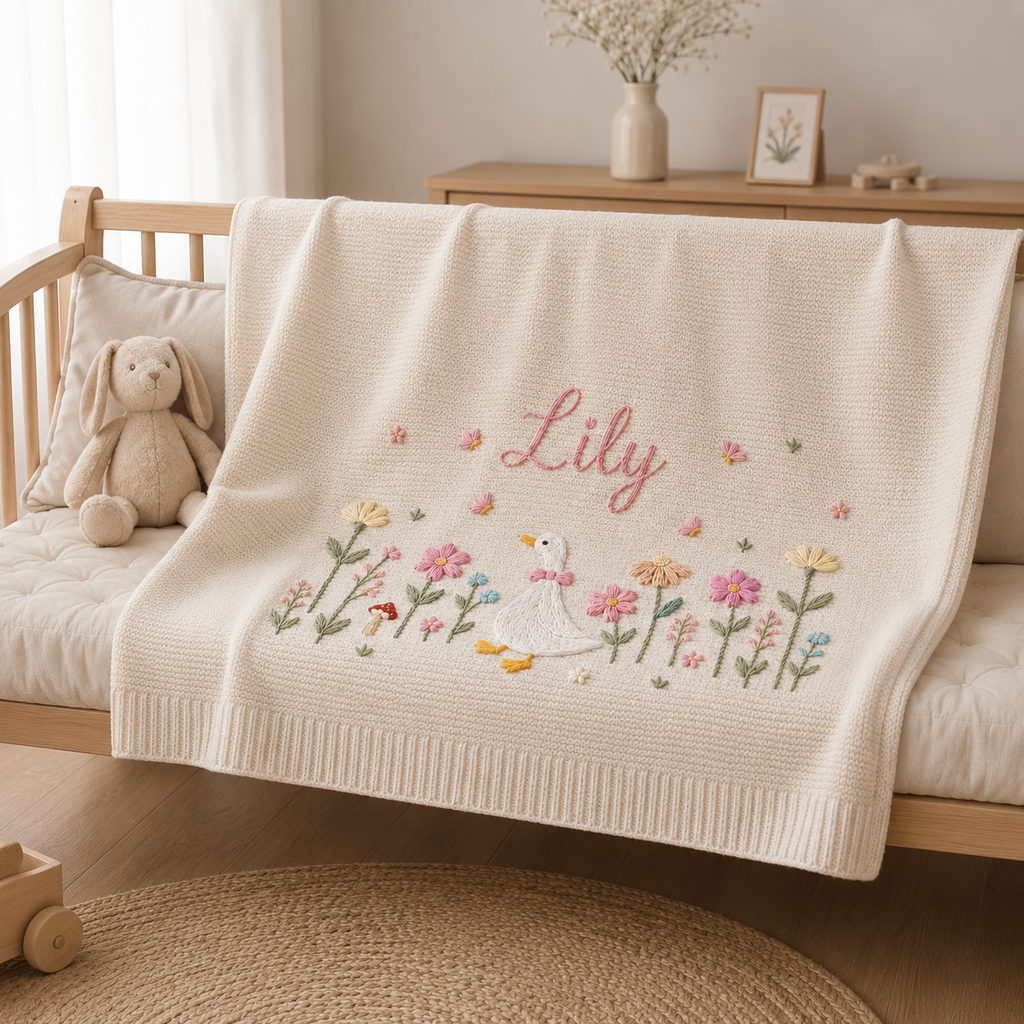 Personalized Embroidered Goose Baby Blanket with Name, Custom Floral Knit Newborn Gift for Newborn, Gift for Baby, Baby Keepsake Gift