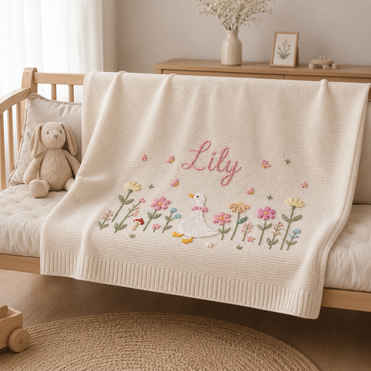 Personalized Embroidered Goose Baby Blanket with Name, Custom Floral Knit Newborn Gift for Newborn, Gift for Baby, Baby Keepsake Gift