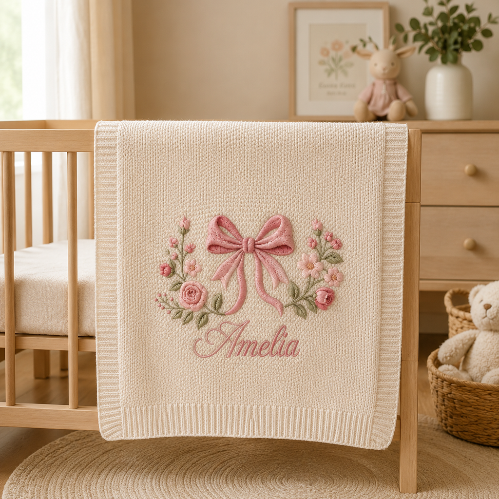 Personalized Coquette Bow Embroidered Knit Baby Blanket, Embroidered Floral Blanket, Baby Blanket, Baby Girl Gift, Keepsake Newborn