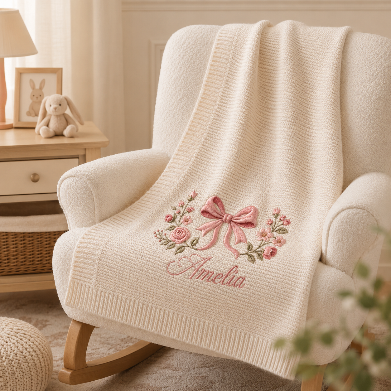 Personalized Coquette Bow Embroidered Knit Baby Blanket, Embroidered Floral Blanket, Baby Blanket, Baby Girl Gift, Keepsake Newborn