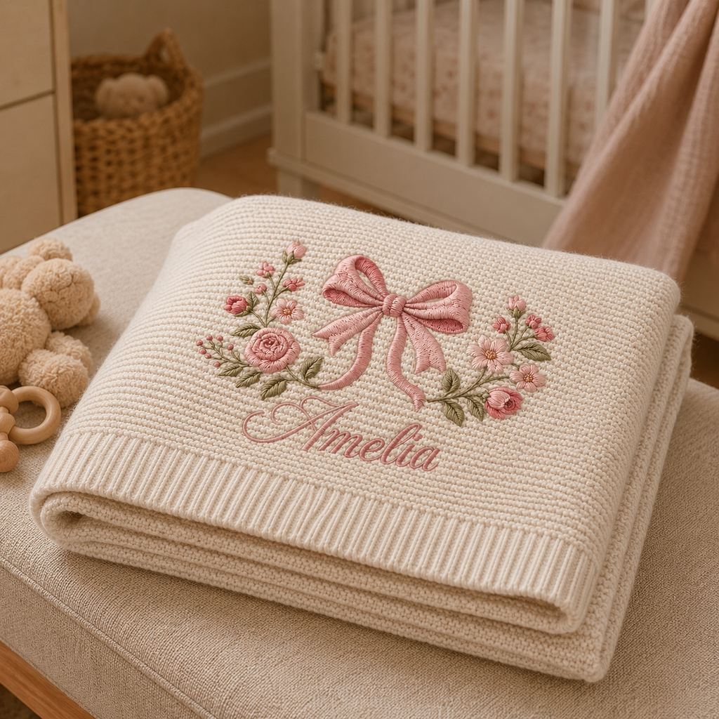 Personalized Coquette Bow Embroidered Knit Baby Blanket, Embroidered Floral Blanket, Baby Blanket, Baby Girl Gift, Keepsake Newborn