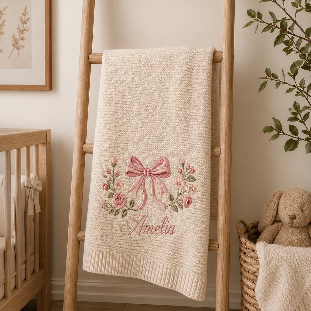 Personalized Coquette Bow Embroidered Knit Baby Blanket, Embroidered Floral Blanket, Baby Blanket, Baby Girl Gift, Keepsake Newborn