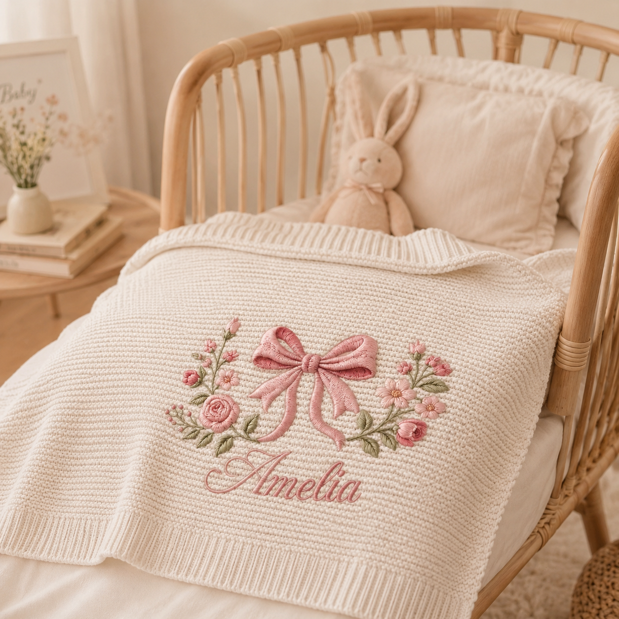 Personalized Coquette Bow Embroidered Knit Baby Blanket, Embroidered Floral Blanket, Baby Blanket, Baby Girl Gift, Keepsake Newborn