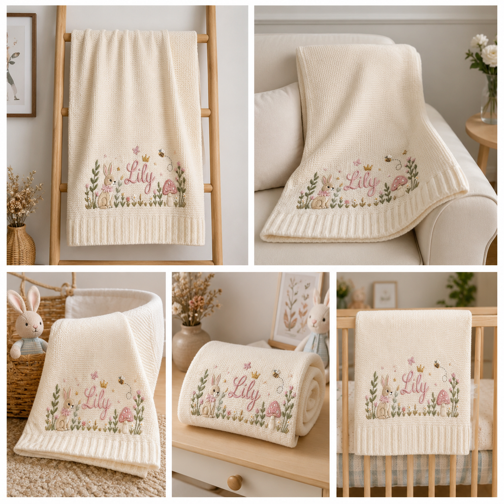Personalized Embroidered Bunny Floral Baby Blanket, Custom Knit Baby Blanket with Name for Newborn, Gift for Baby, Keepsake Newborn Gift