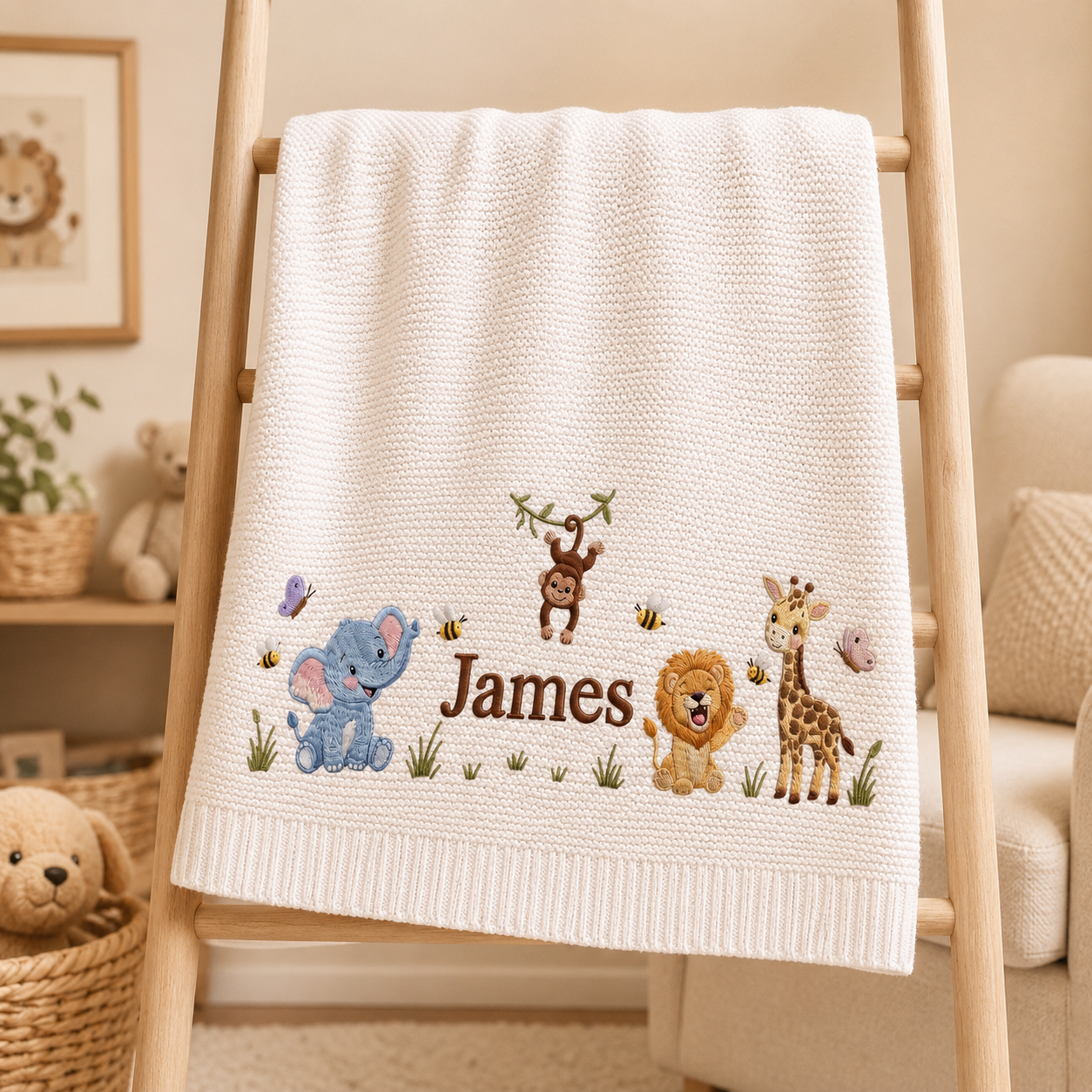 Custom Safari Embroidered Baby Blanket, Personalized Name Jungle Animal Blanket, Gift For Newborn, Nursery Keepsake Gift