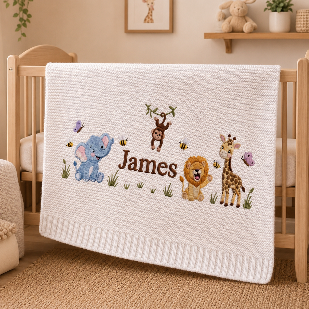 Custom Safari Embroidered Baby Blanket, Personalized Name Jungle Animal Blanket, Gift For Newborn, Nursery Keepsake Gift